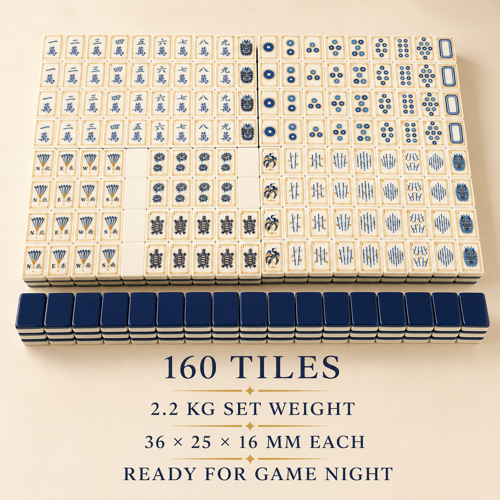 Full 160-piece navy and ivory American mahjong tile set weighing approximately 2.2 kilograms