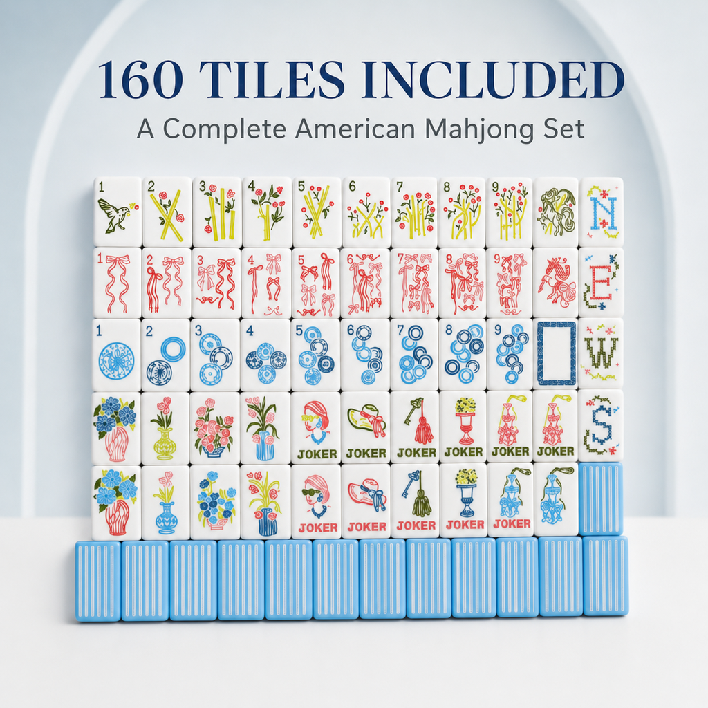 Complete 160-tile sky blue American mahjong set arranged to show suits, flowers, winds and jokers