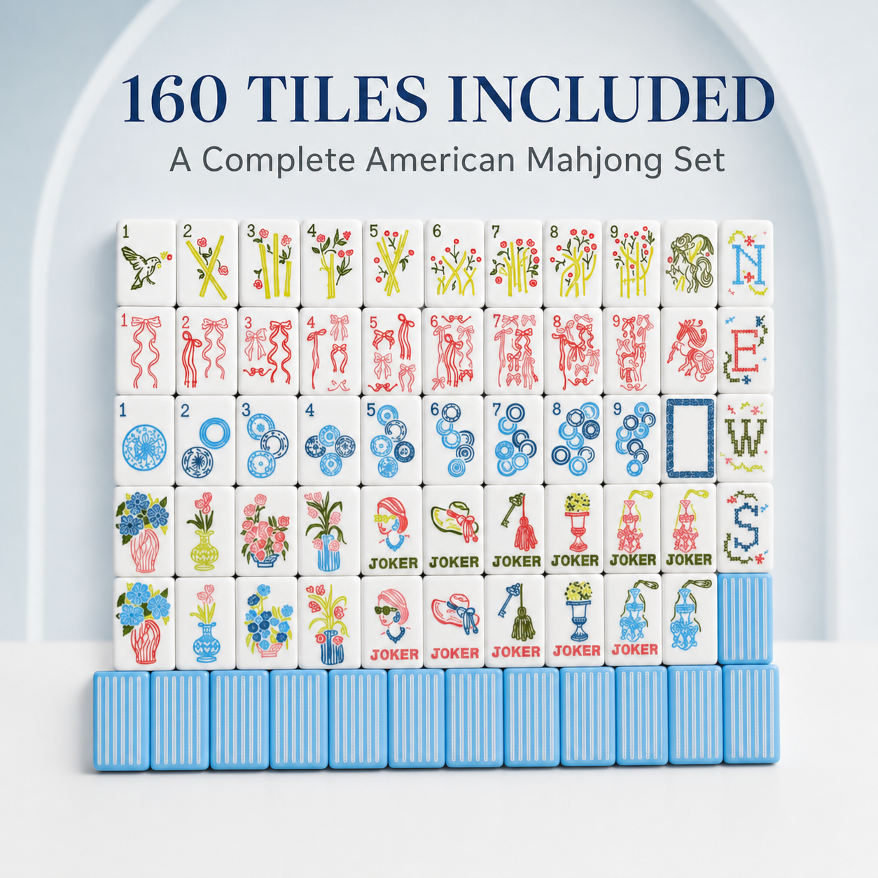 Complete 160-tile sky blue American mahjong set arranged to show suits, flowers, winds and jokers