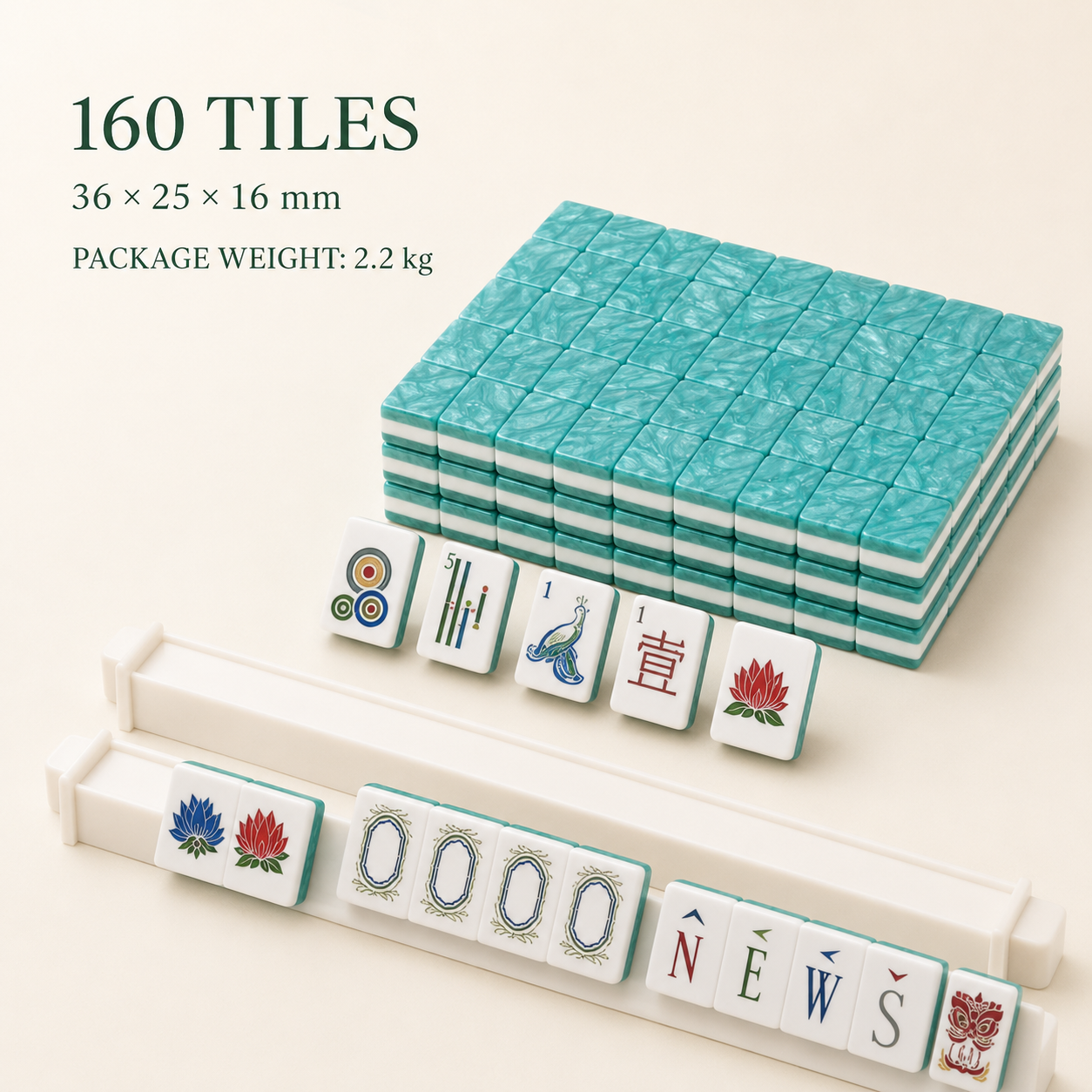 160 turquoise American mahjong tiles measuring 36 by 25 by 16 millimeters; racks not included