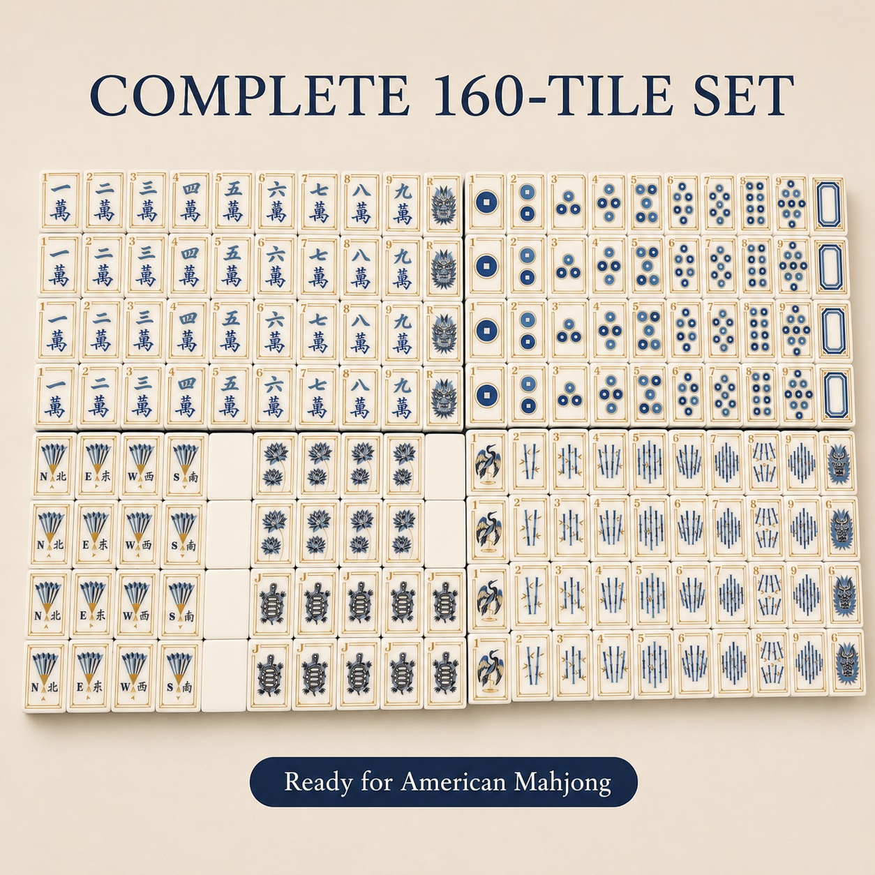 Premium American Mahjong Tile Set - 160 Piece Blue & Ivory Mahjong Tiles with Elegant Dragon Design
