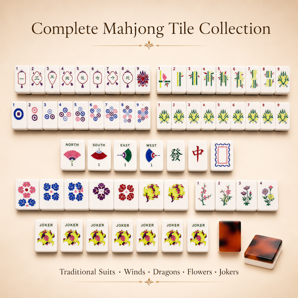 Complete mahjong tile collection with suits winds dragons flowers and jokers