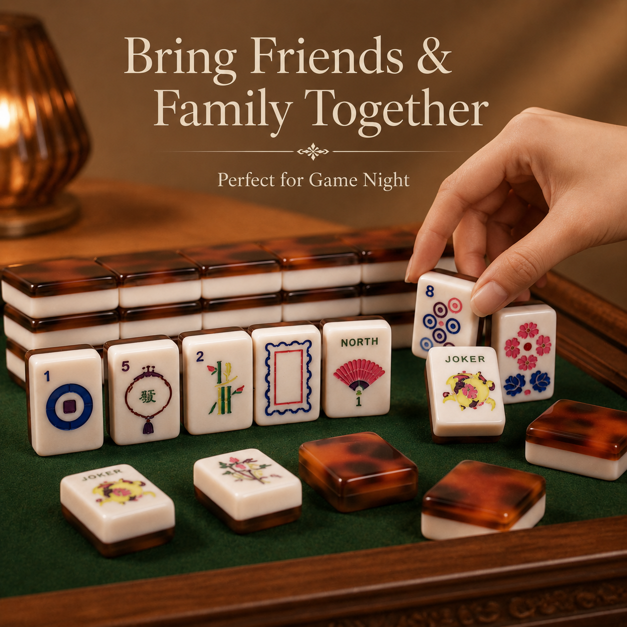 Mahjong tiles arranged for game night with amber style backs