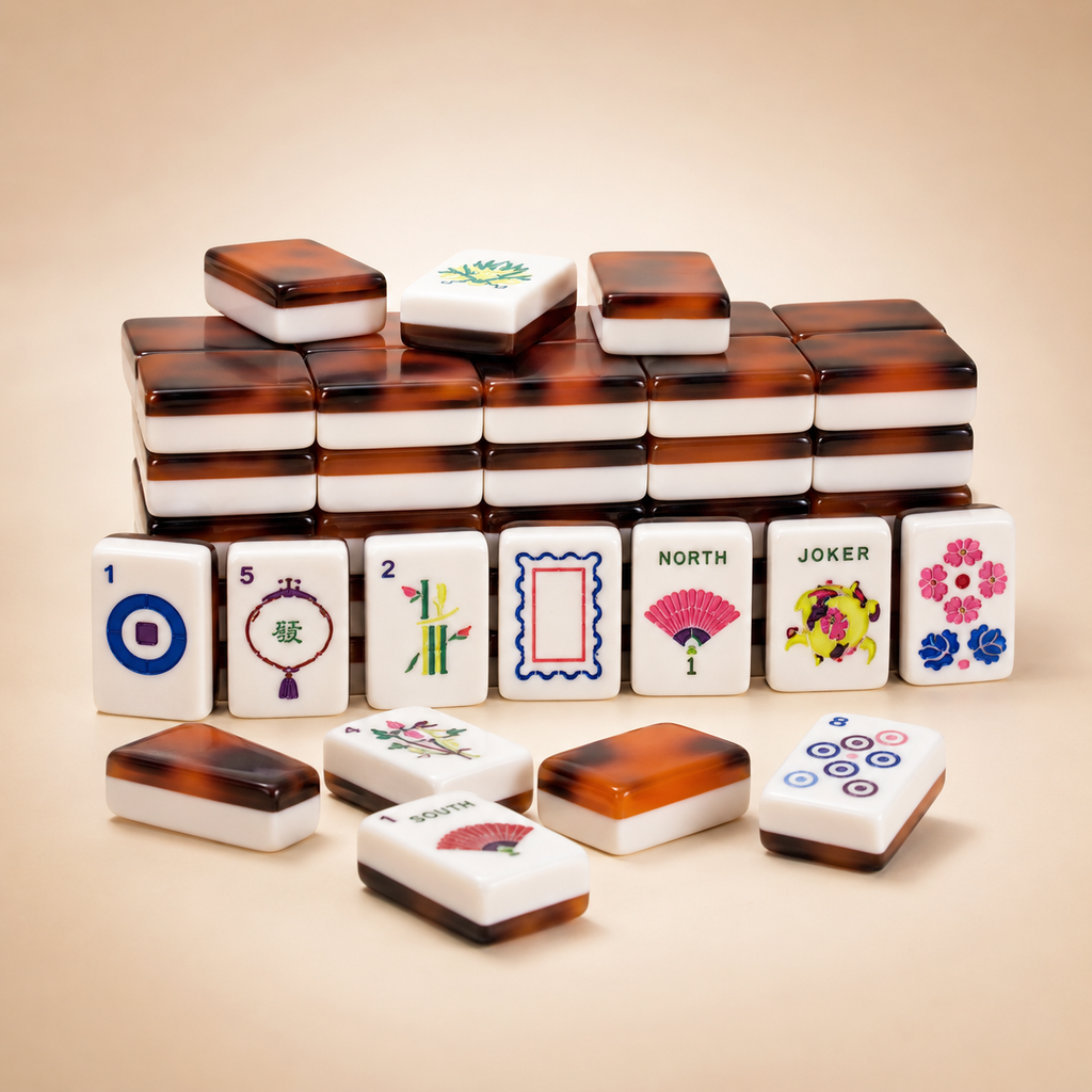 Traditional mahjong tile set with amber tortoiseshell style backs