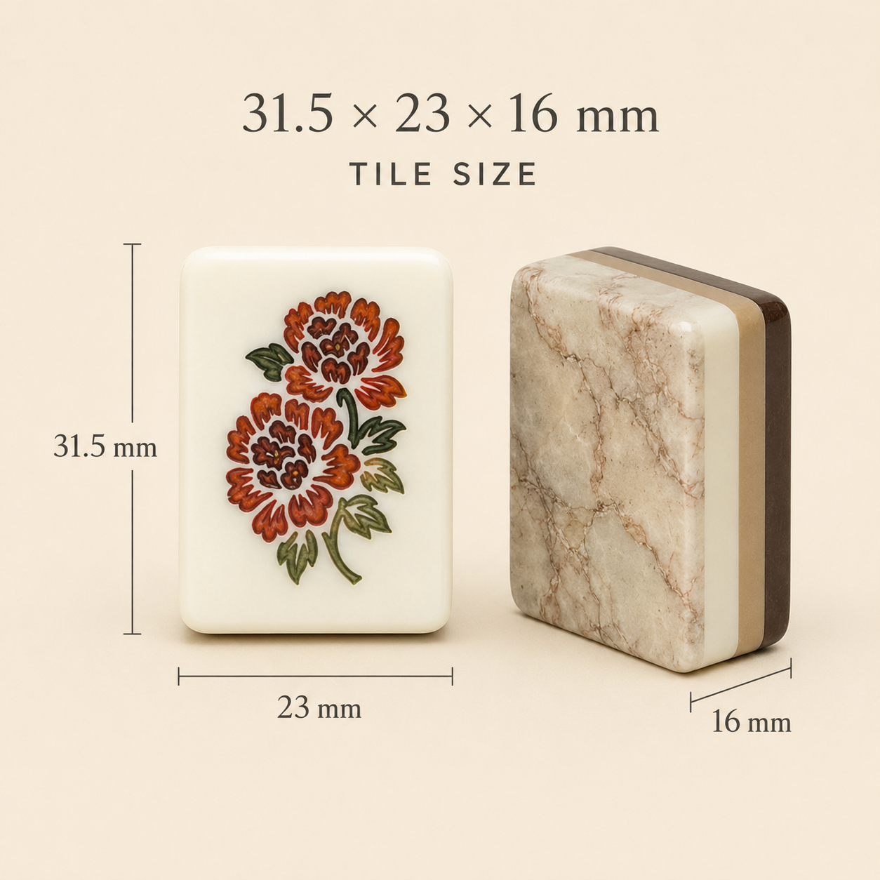 Ivory marble-back American mahjong tile measuring 31.5 by 23 by 16 millimeters