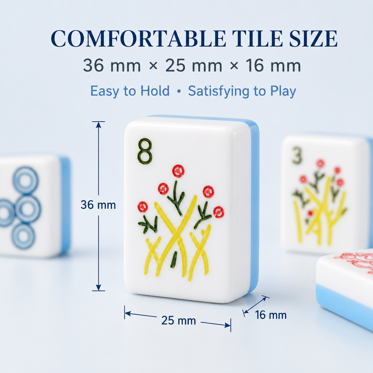 Sky blue American mahjong tile dimensions 36 by 25 by 16 millimeters