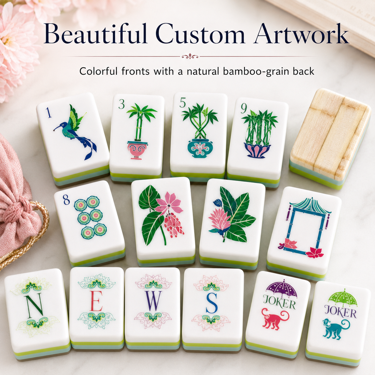 American mahjong set with colorful artwork and bamboo grain back