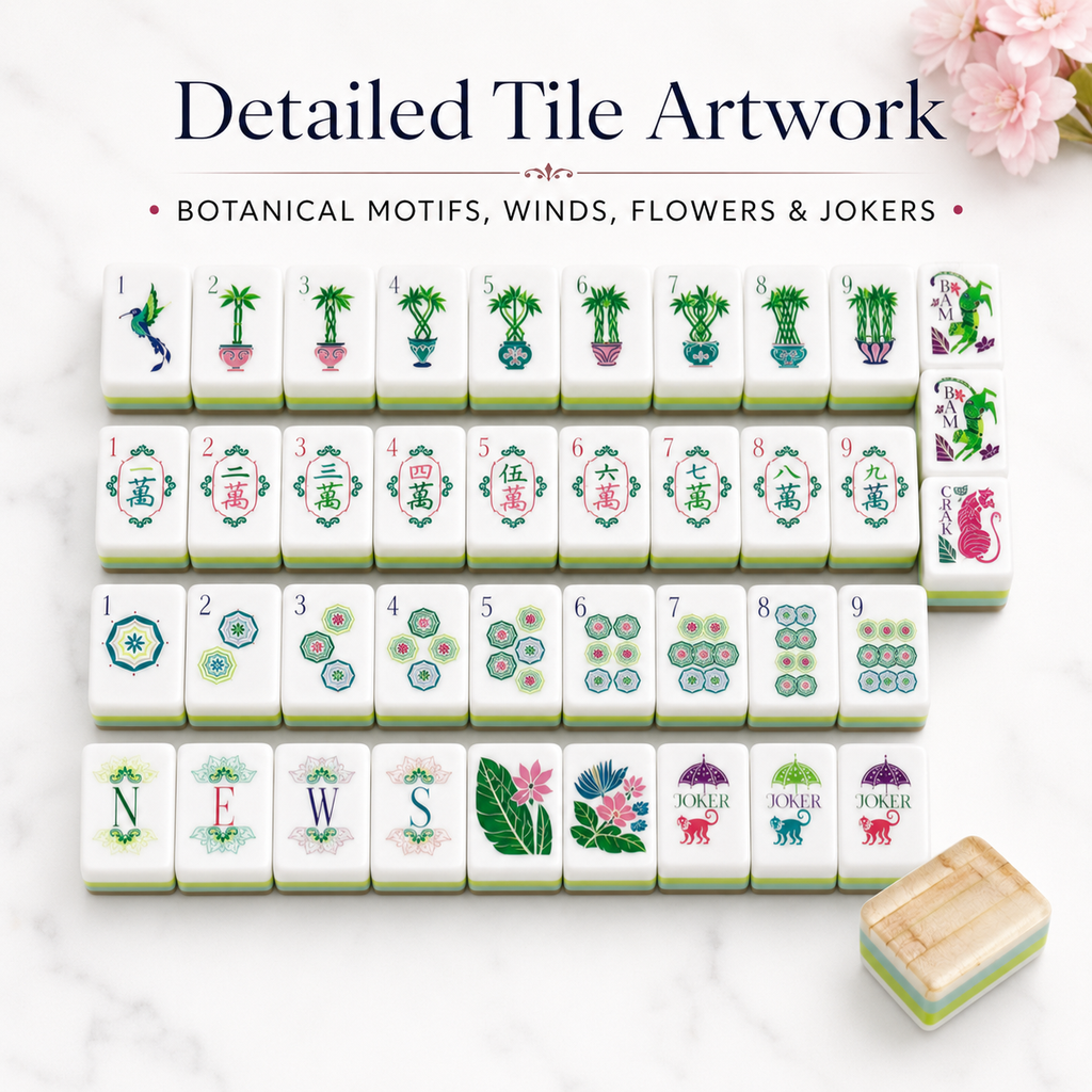 Detailed botanical motifs winds flowers and jokers on mahjong tiles