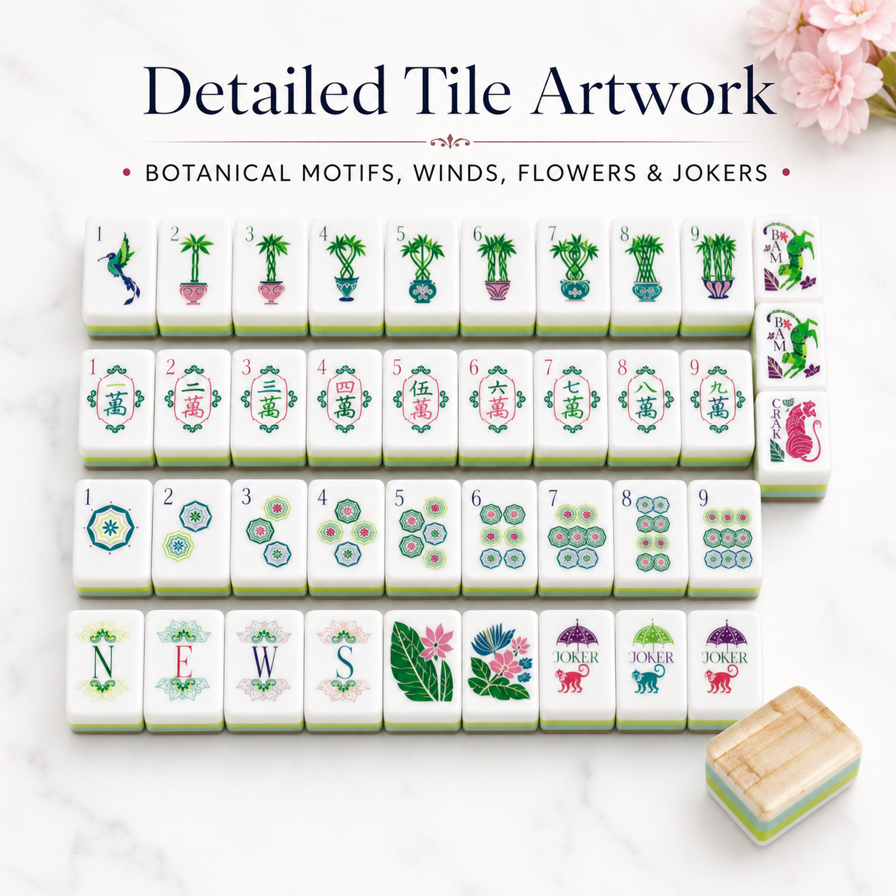 Detailed botanical motifs winds flowers and jokers on mahjong tiles