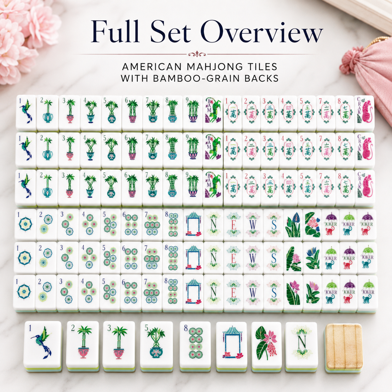Full set overview of American mahjong tiles with bamboo grain backs