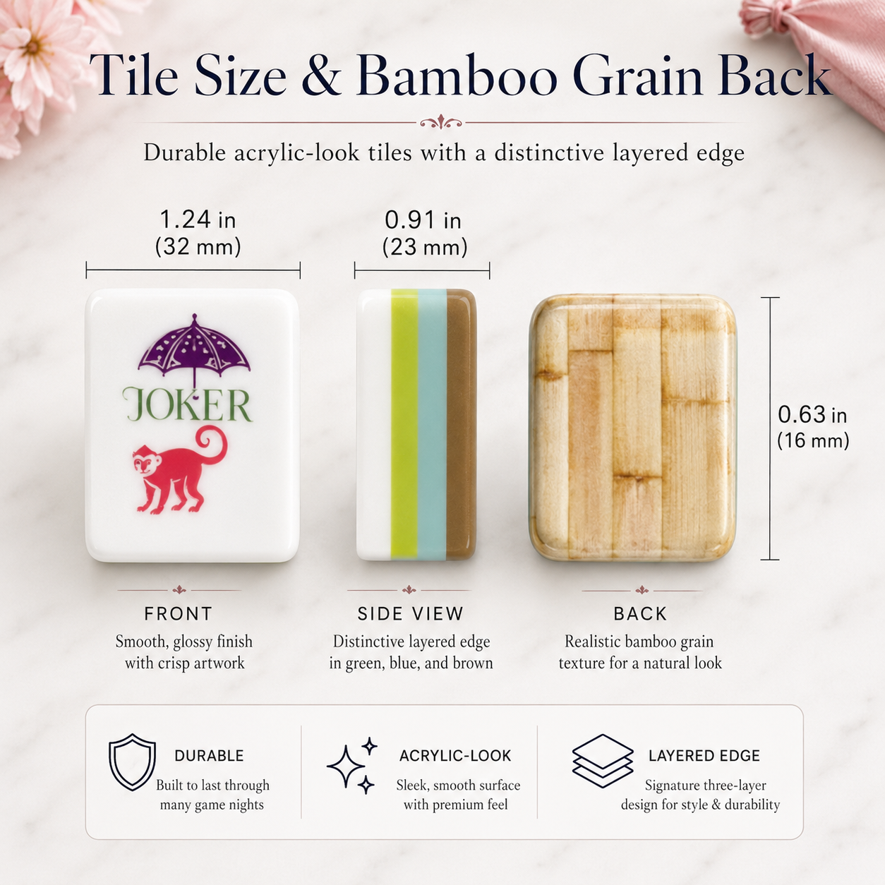 Mahjong tile size and bamboo grain back details
