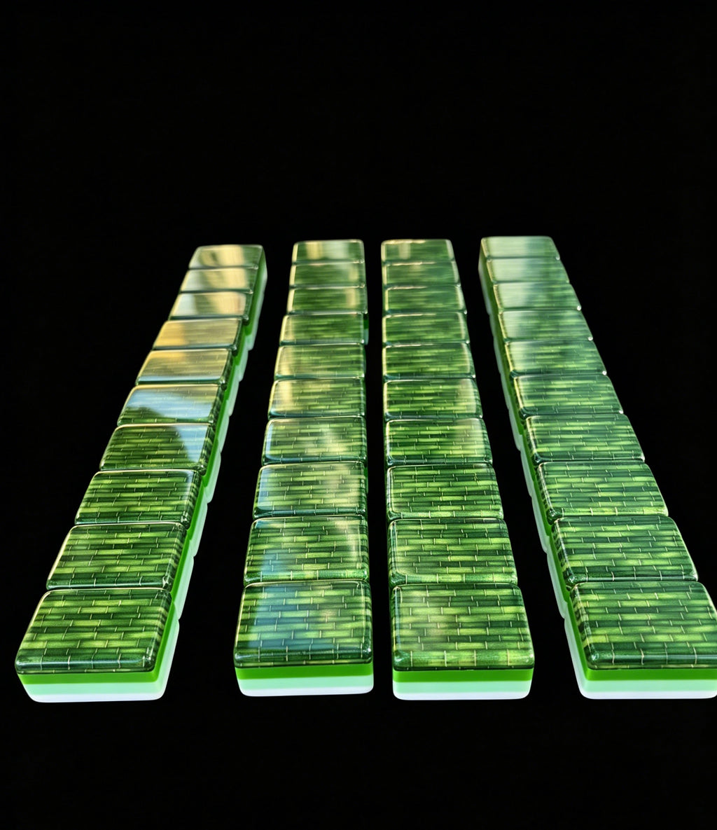 Rows of translucent green bamboo-pattern Mahjong tile backs