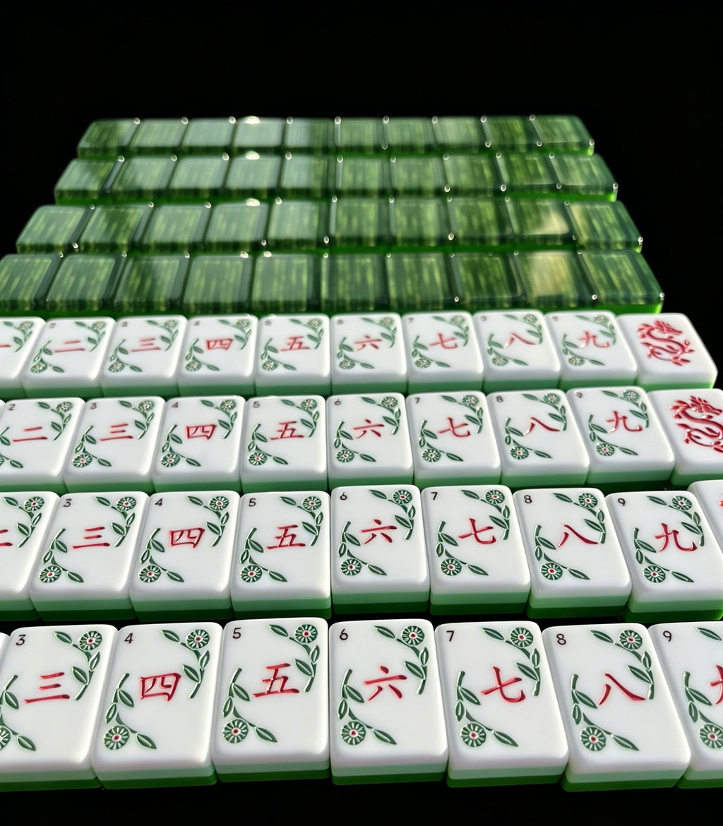 American Mahjong number tiles with floral vine artwork and bamboo-pattern backs