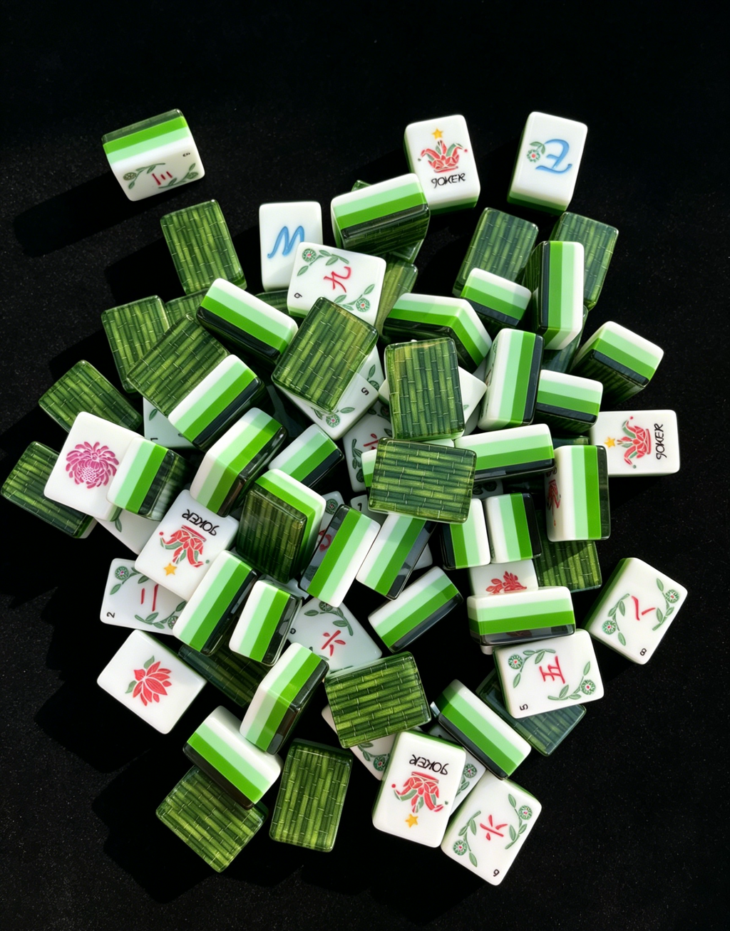 Bamboo Grove Mahjong tiles with layered green edges and botanical artwork