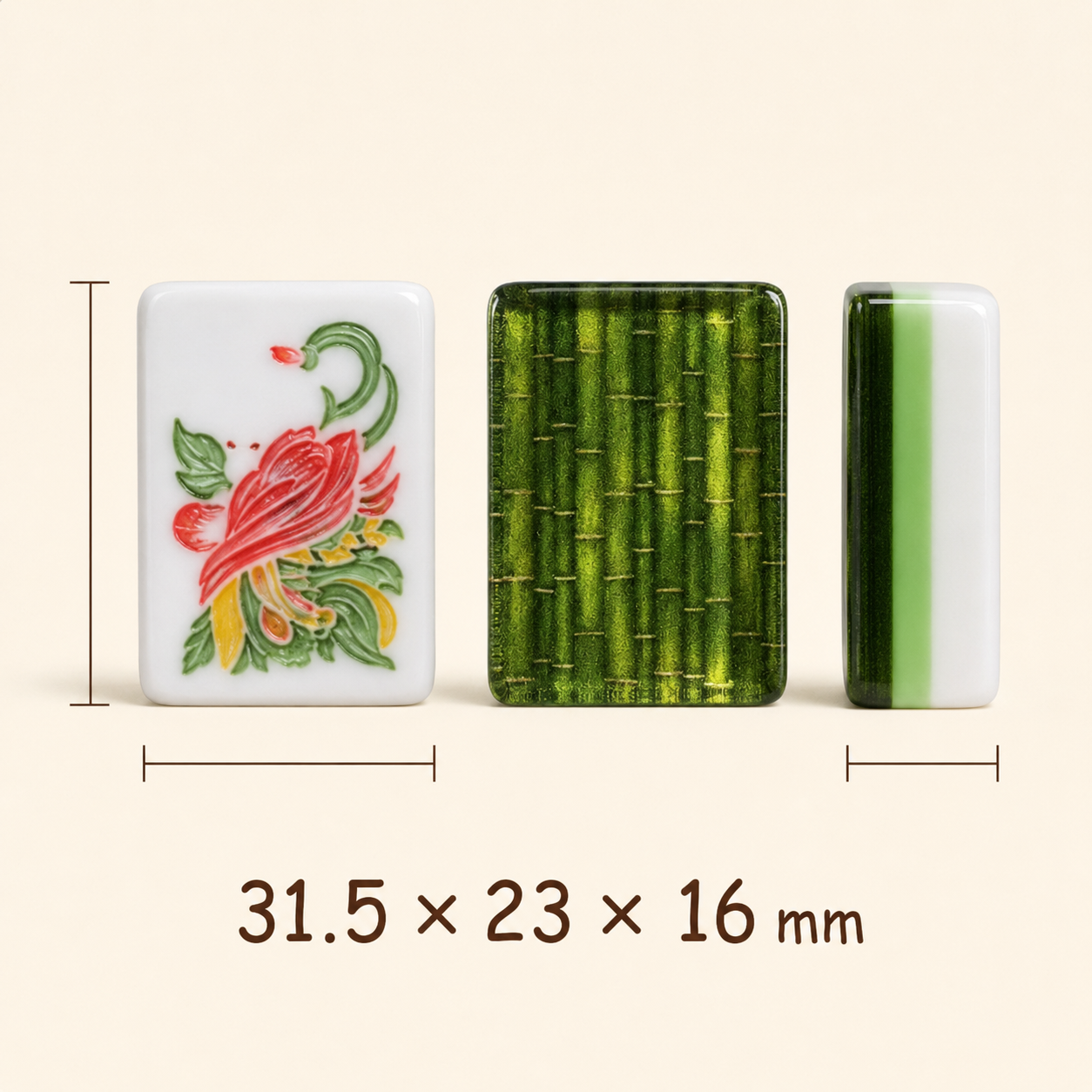 Bamboo Grove American Mahjong tile dimensions 31.5 by 23 by 16 millimeters