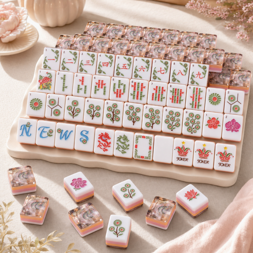 Complete floral American Mahjong tile set in blush abalone design