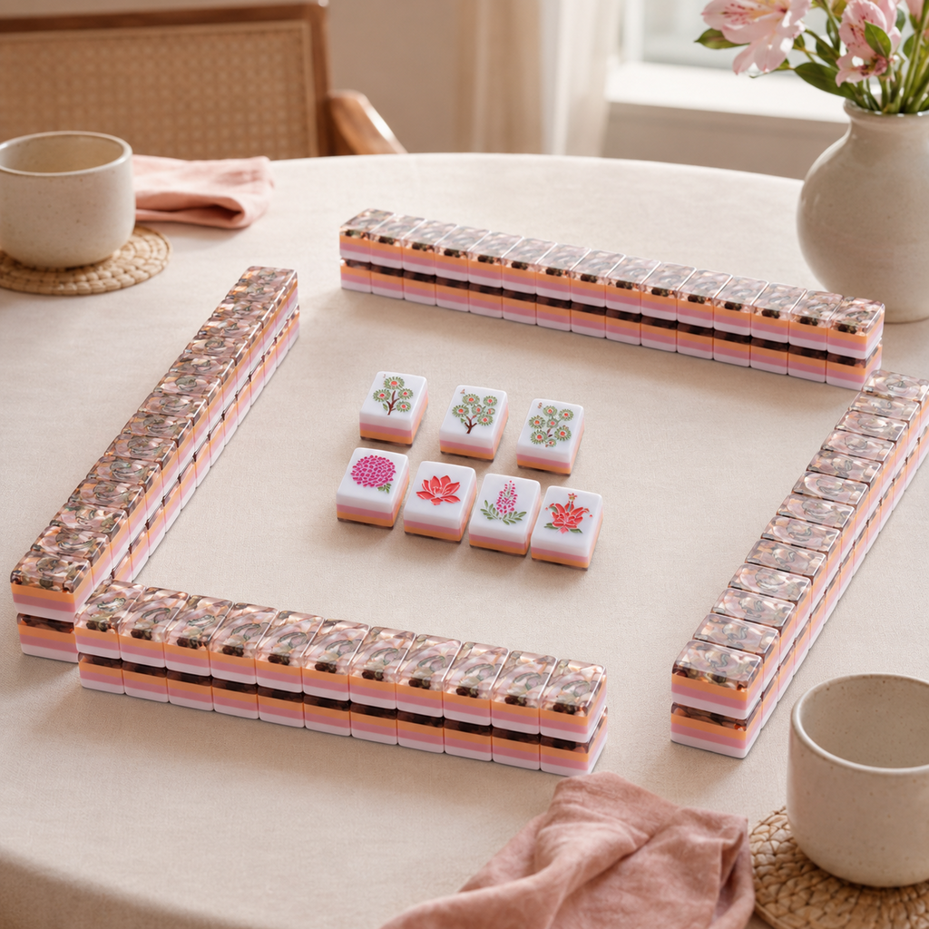 Blush Abalone American Mahjong set arranged for game night