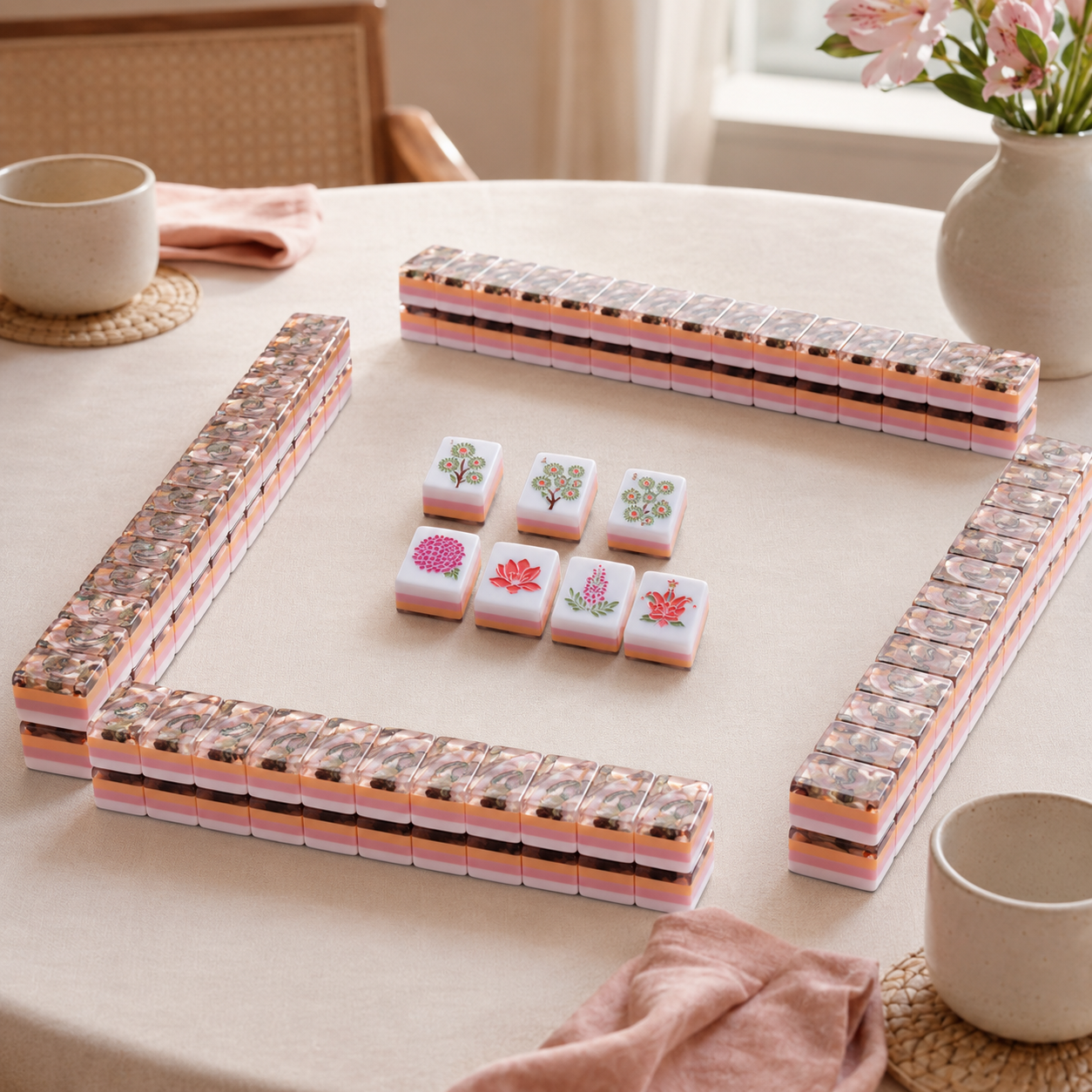 Blush Abalone American Mahjong set arranged for game night