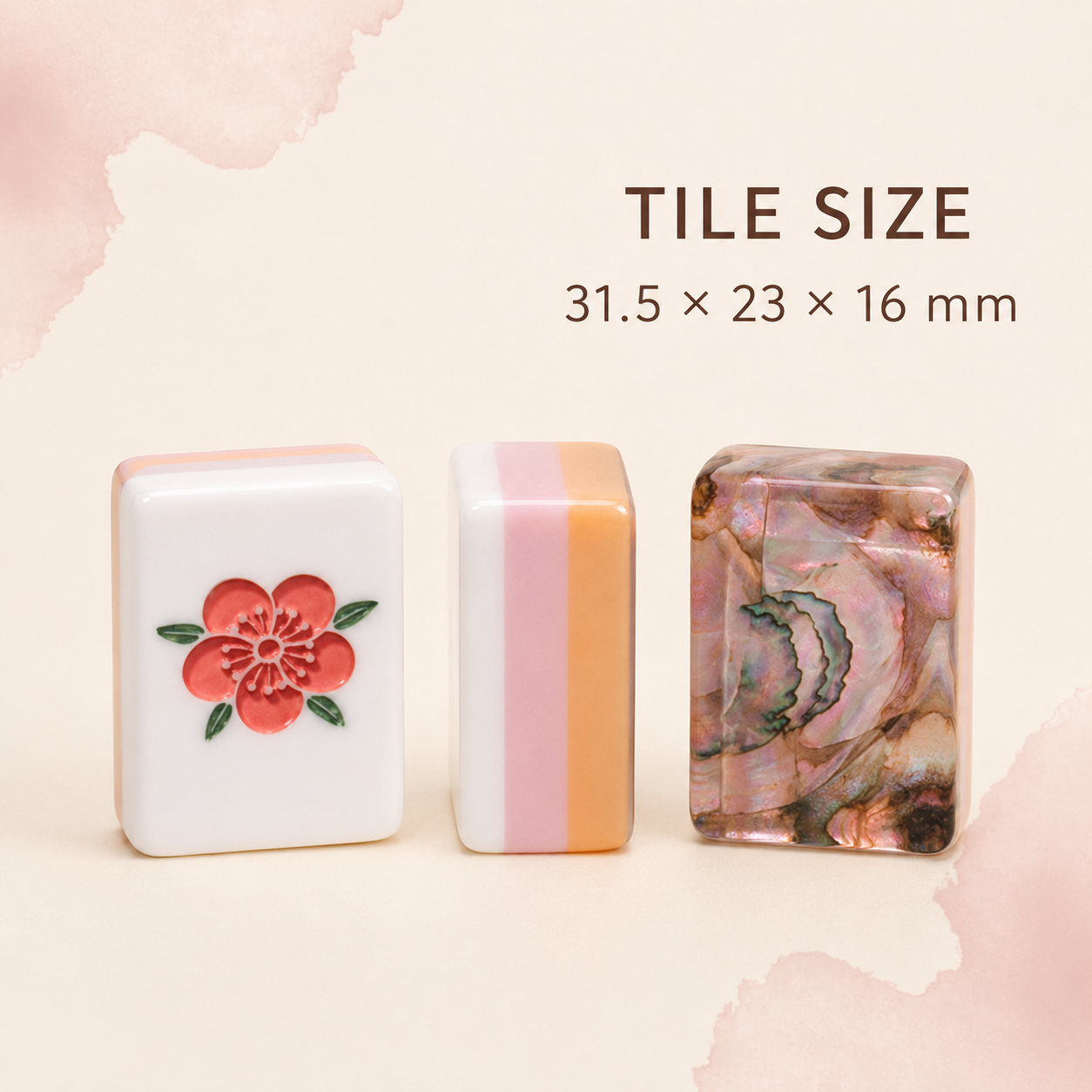 American Mahjong tile dimensions 31.5 by 23 by 16 millimeters