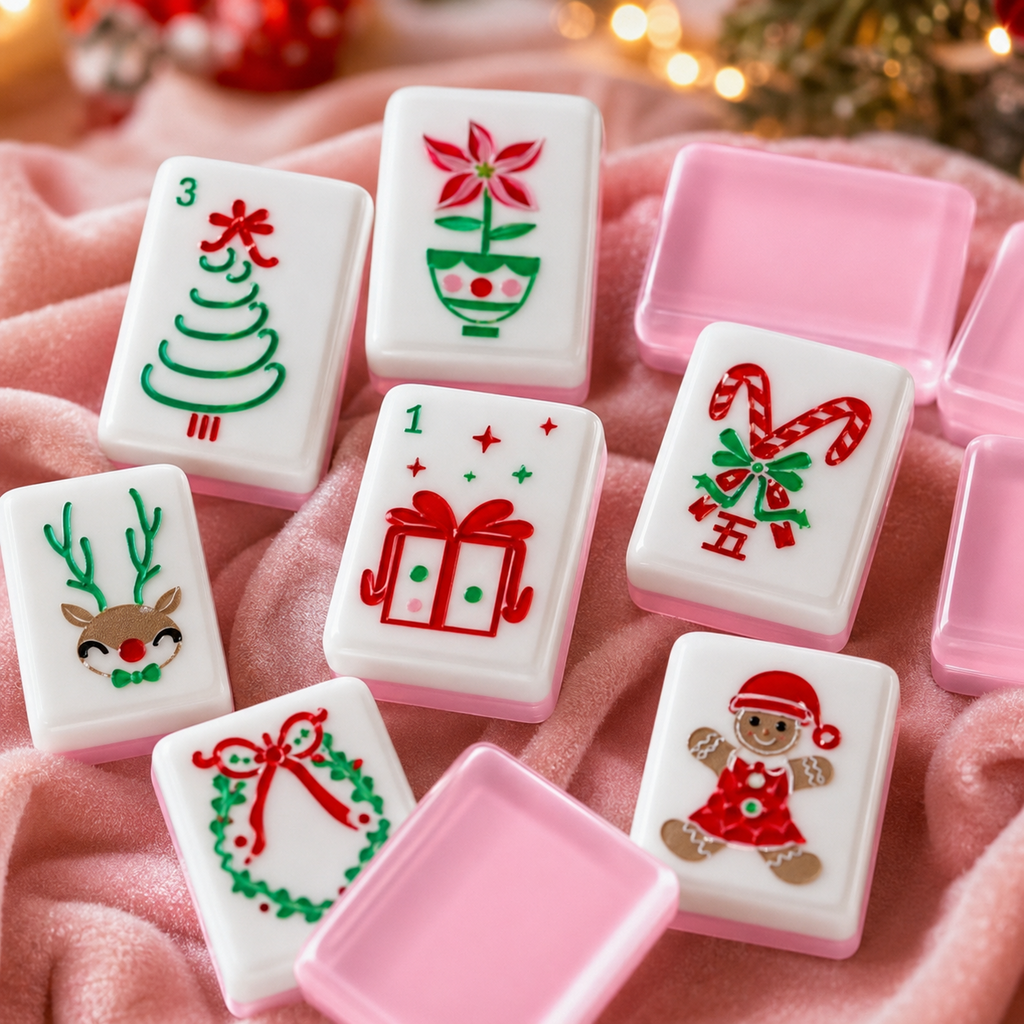 Close-up of Christmas mahjong tiles featuring reindeer, wreath, gifts, candy canes and gingerbread