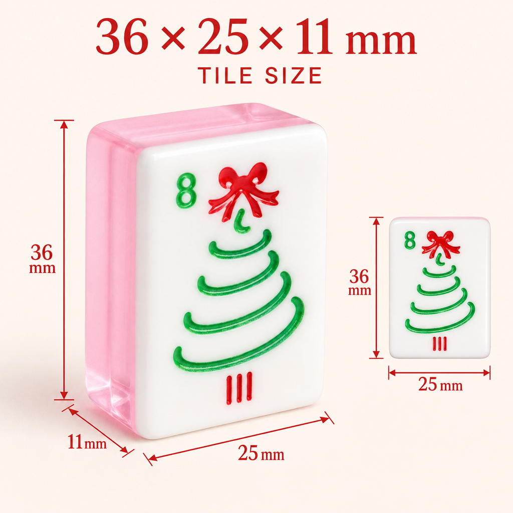 Pink Christmas American mahjong tile measuring 36 by 25 by 11 millimeters