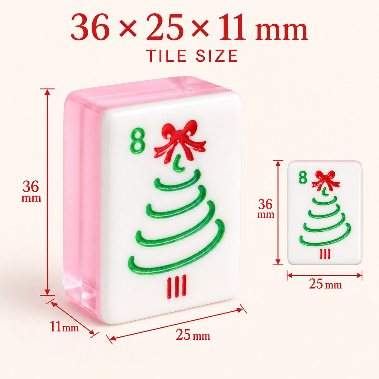 Pink Christmas American mahjong tile measuring 36 by 25 by 11 millimeters