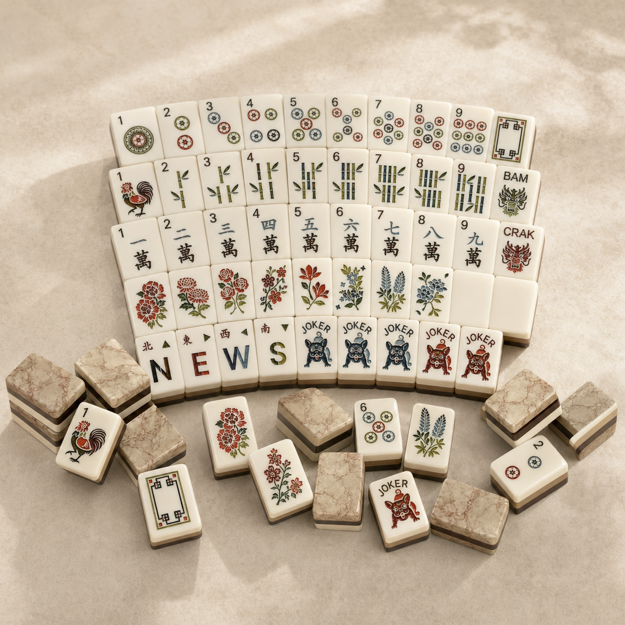 Classic ivory American mahjong tiles with floral, rooster and guardian lion designs