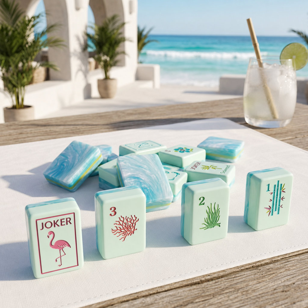 Coastal American mahjong tiles displayed beside the ocean
