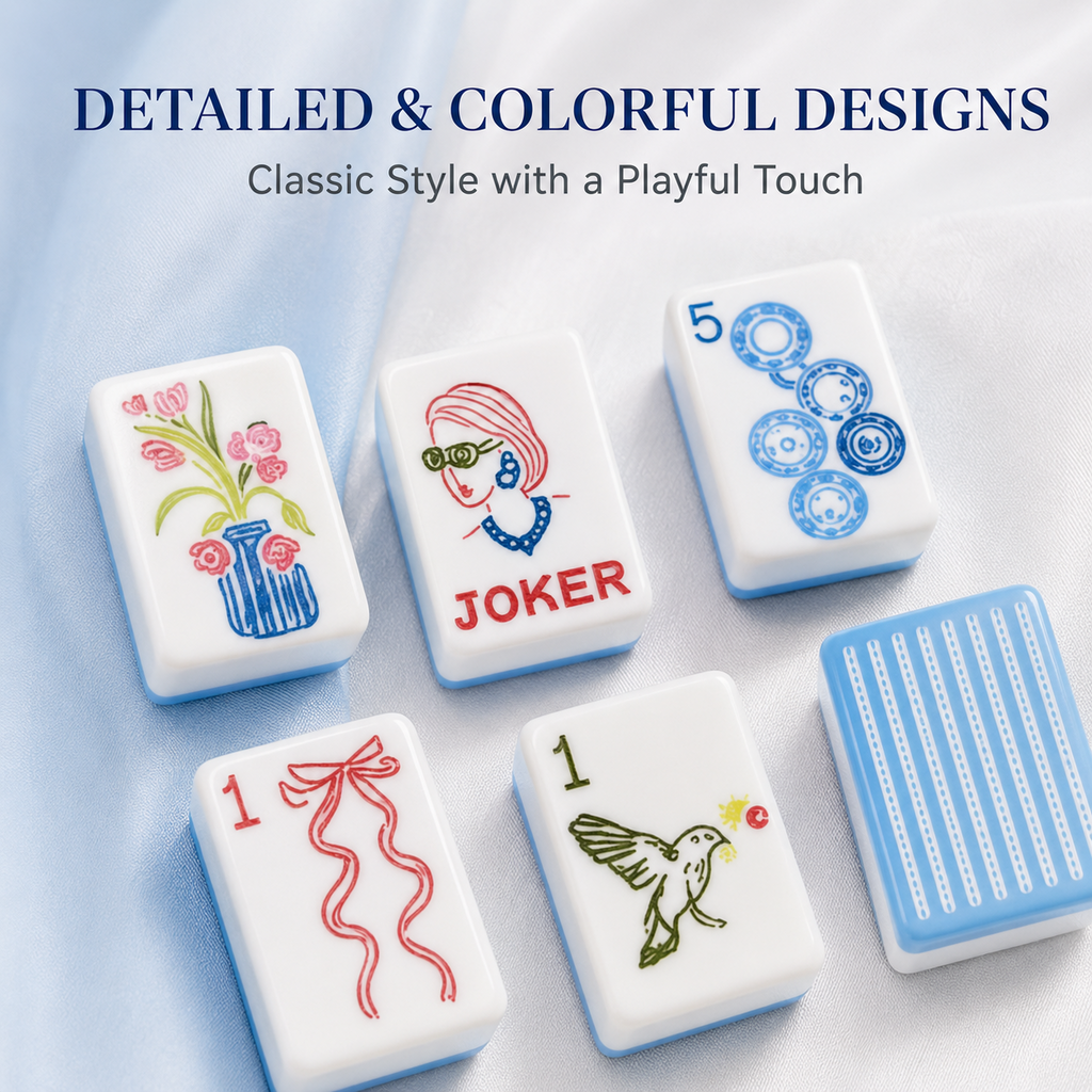 Detailed sky blue American mahjong tiles with flowers, jokers, dots and classic symbols