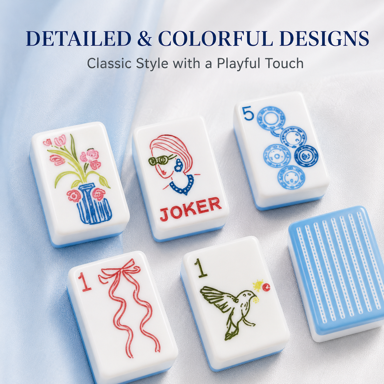 Detailed sky blue American mahjong tiles with flowers, jokers, dots and classic symbols