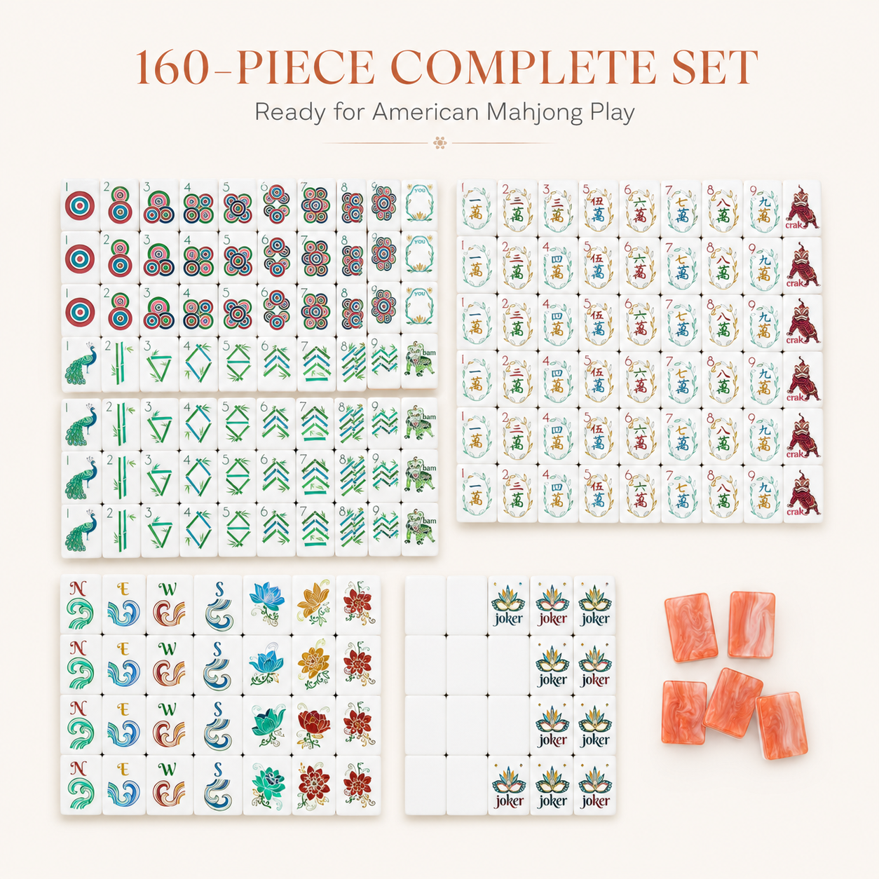 Complete 160-tile coral orange American mahjong set arranged to show all tile designs