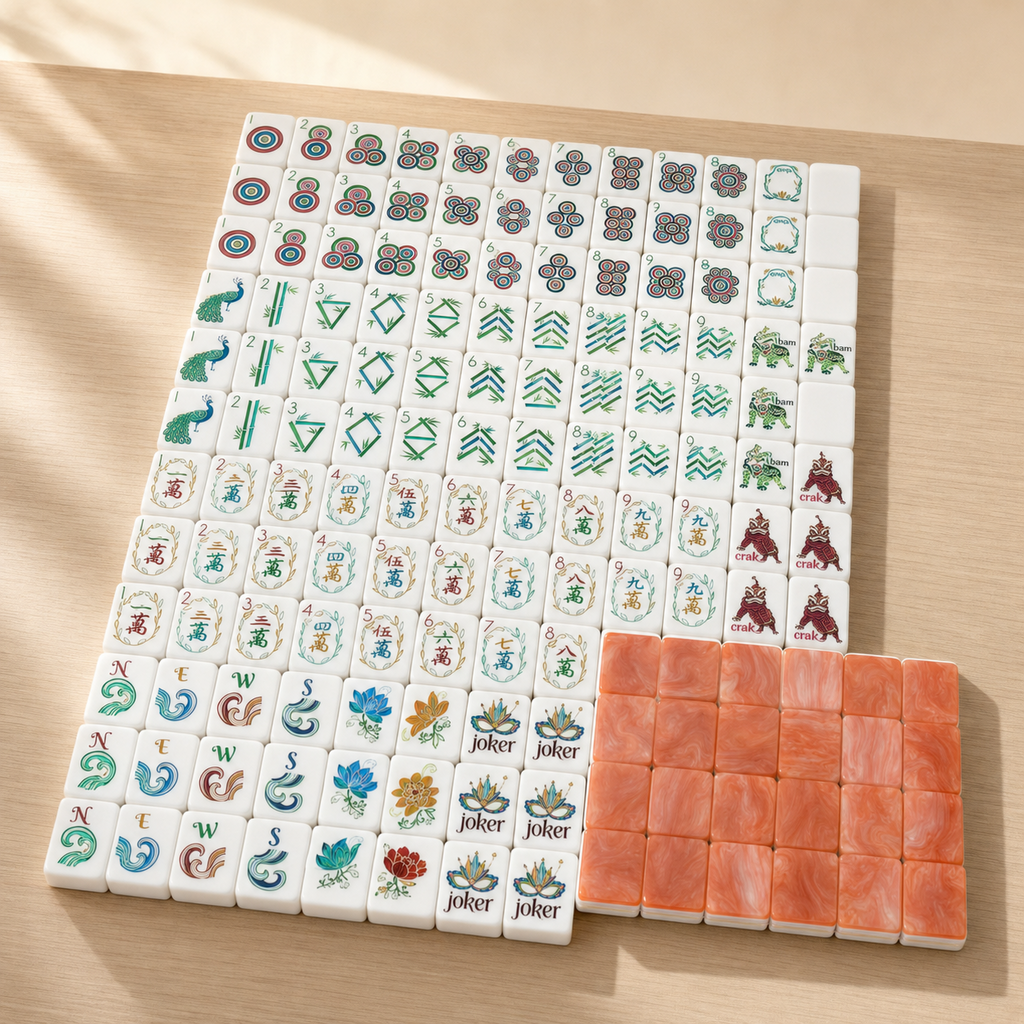 Full layout of 160 coral orange and ivory American mahjong tiles