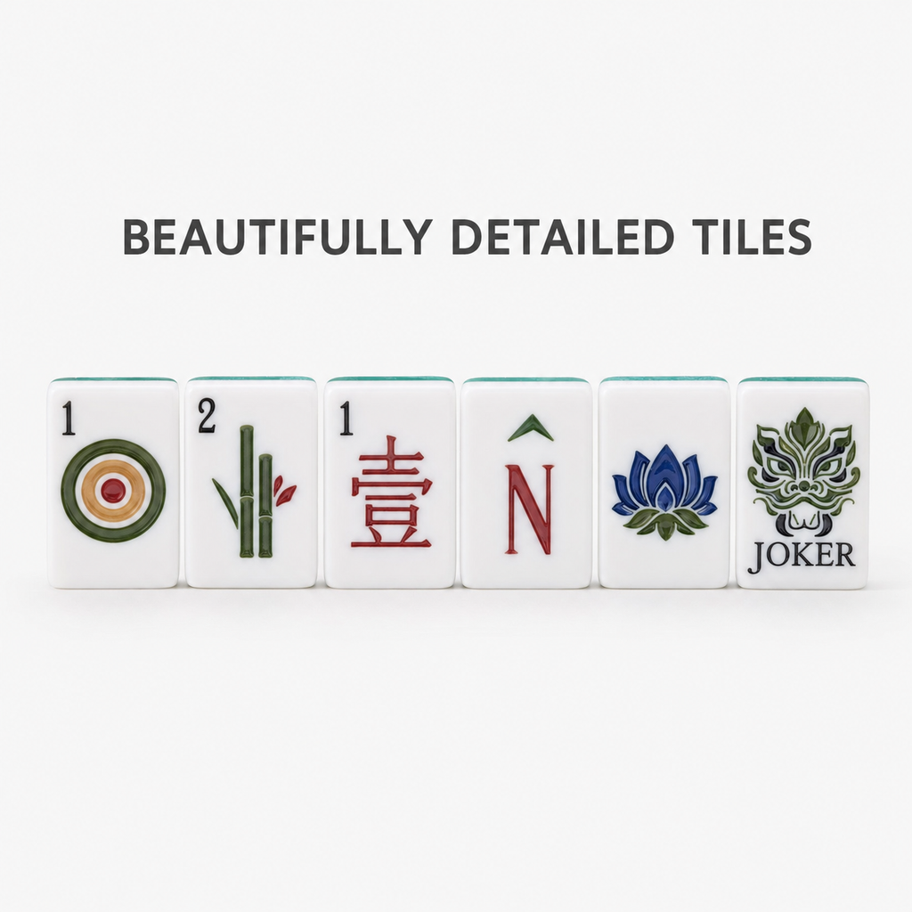 Detailed American mahjong dots, bamboo, character, wind, flower and joker tiles