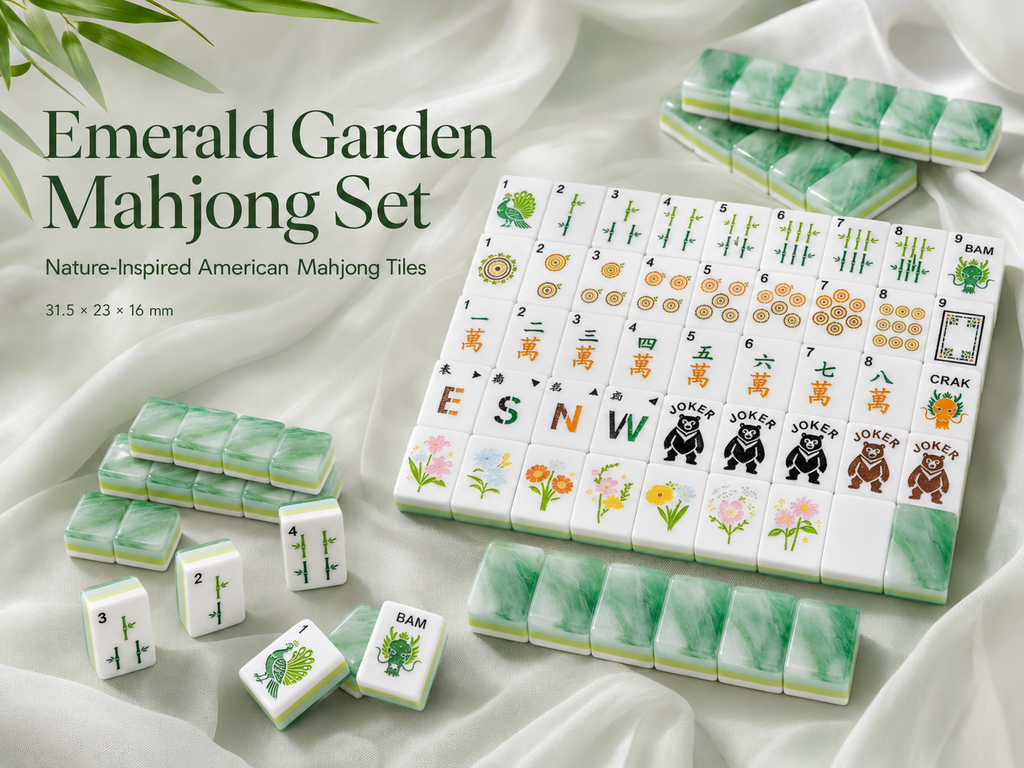 Emerald Garden American Mahjong set with jade-inspired green backs