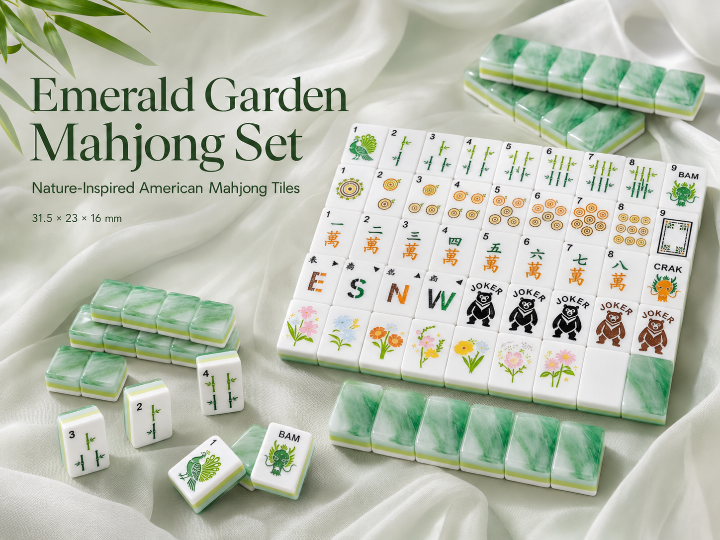 Emerald Garden American Mahjong set with jade-inspired green backs