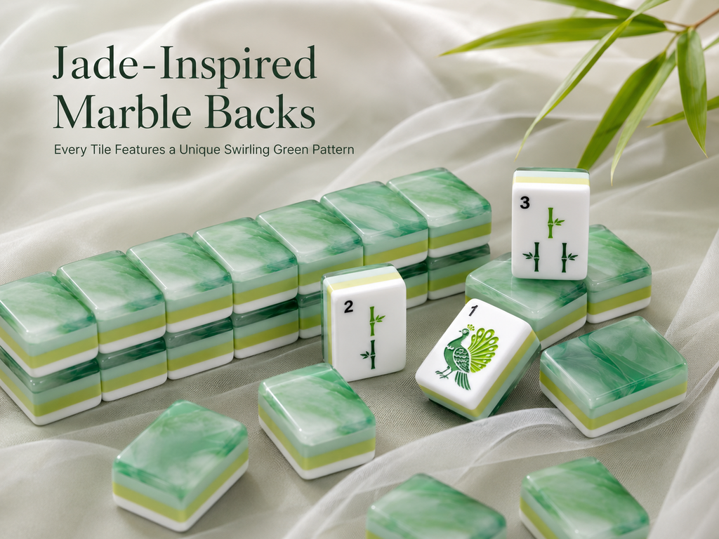 Jade-inspired marbled green backs on Emerald Garden Mahjong tiles