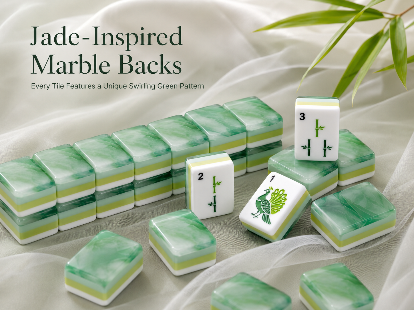 Jade-inspired marbled green backs on Emerald Garden Mahjong tiles