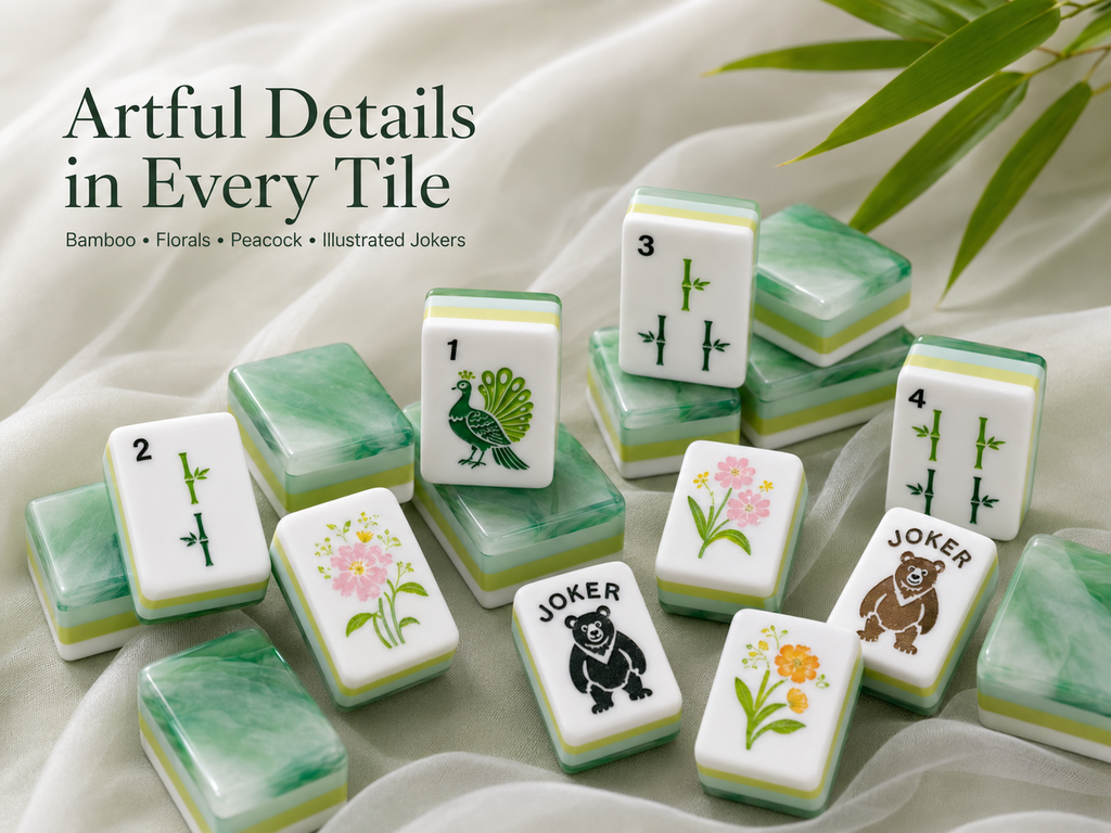 Bamboo floral peacock and illustrated joker details on Mahjong tiles