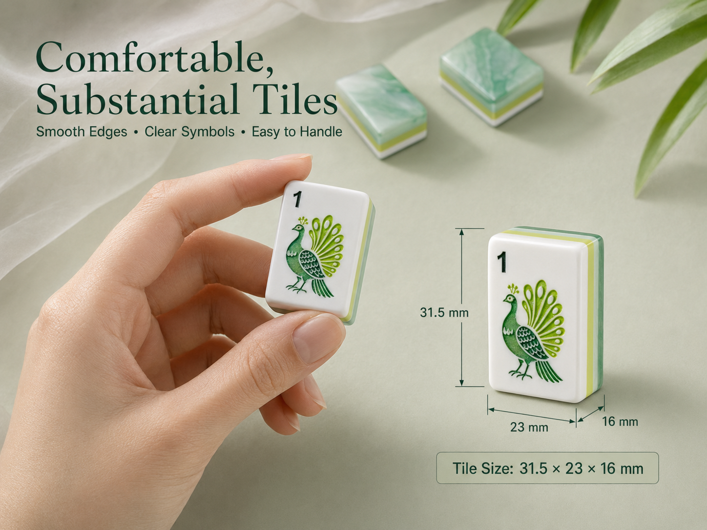 American Mahjong tile dimensions 31.5 by 23 by 16 millimeters