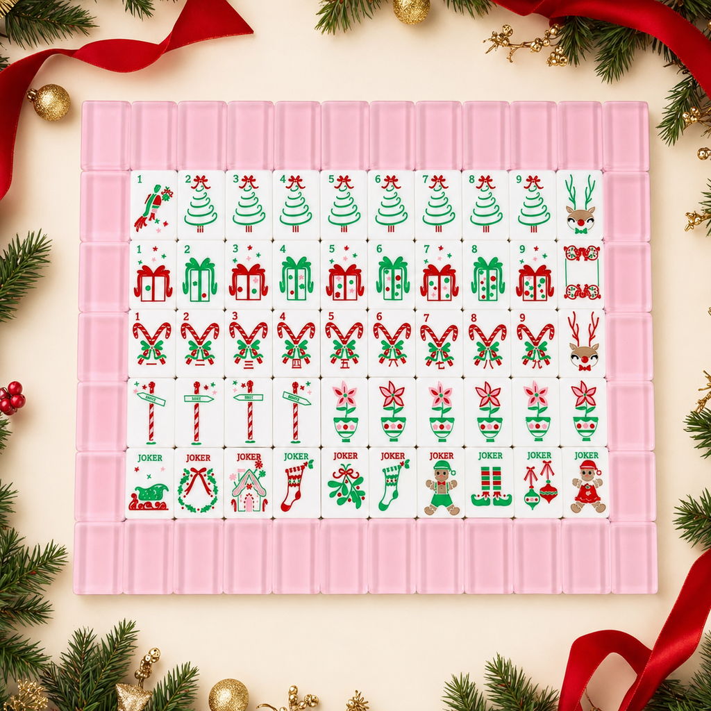 Holiday American mahjong tiles with translucent pink backs arranged in a festive display