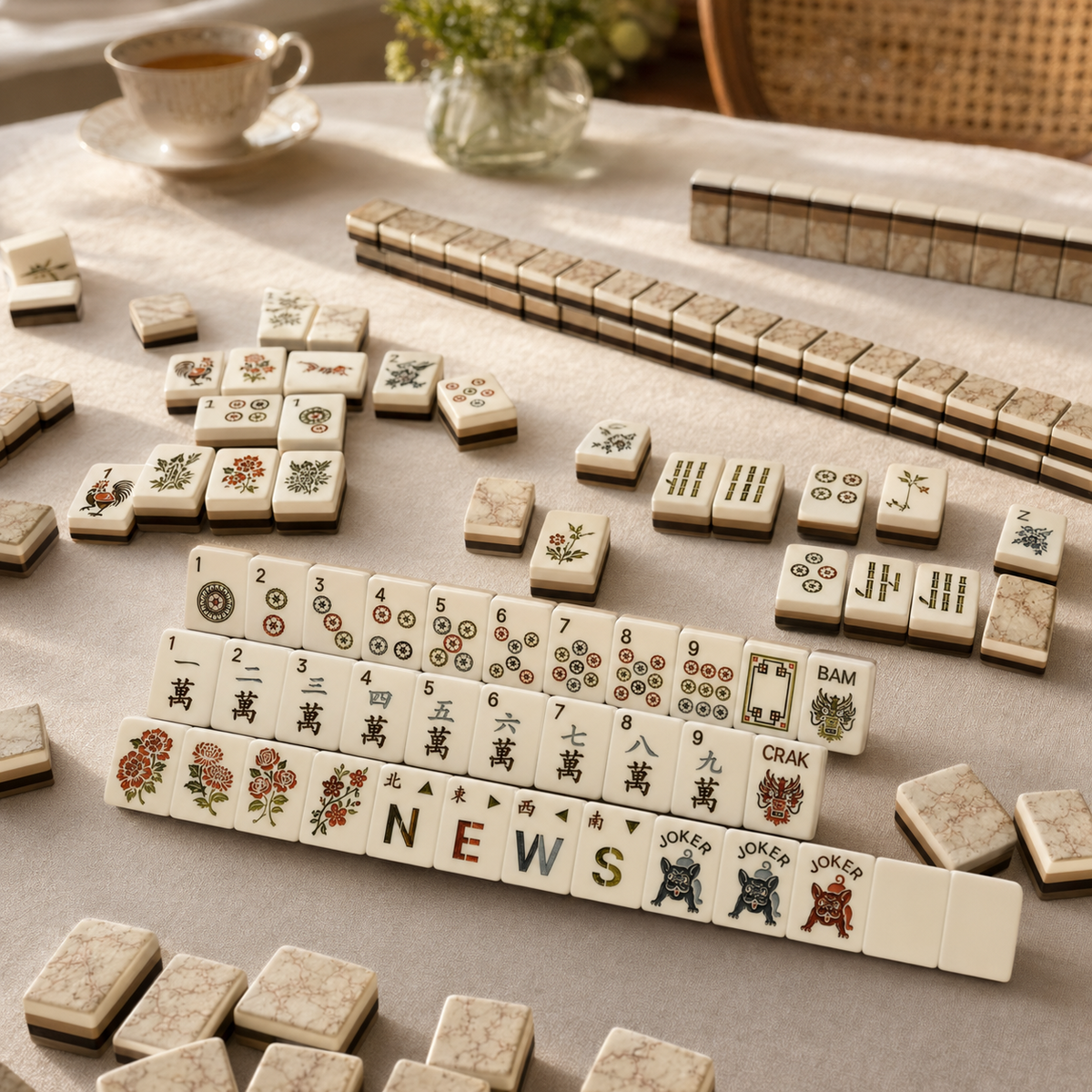 Ivory and brown American mahjong tiles with marble-pattern backs arranged for game night