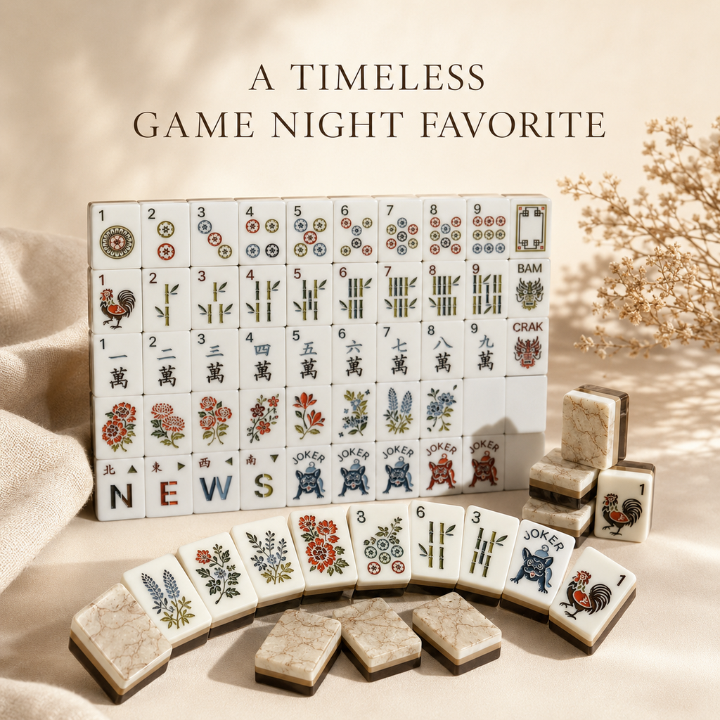 Ivory marble-back American mahjong set with classic suits, flowers, winds and jokers