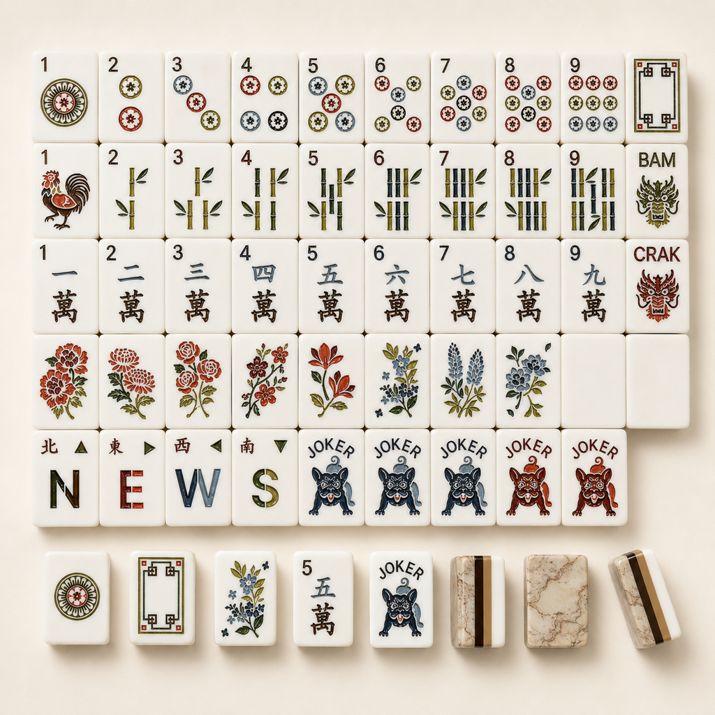 American mahjong tile designs showing dots, bamboo, characters, flowers, winds and jokers