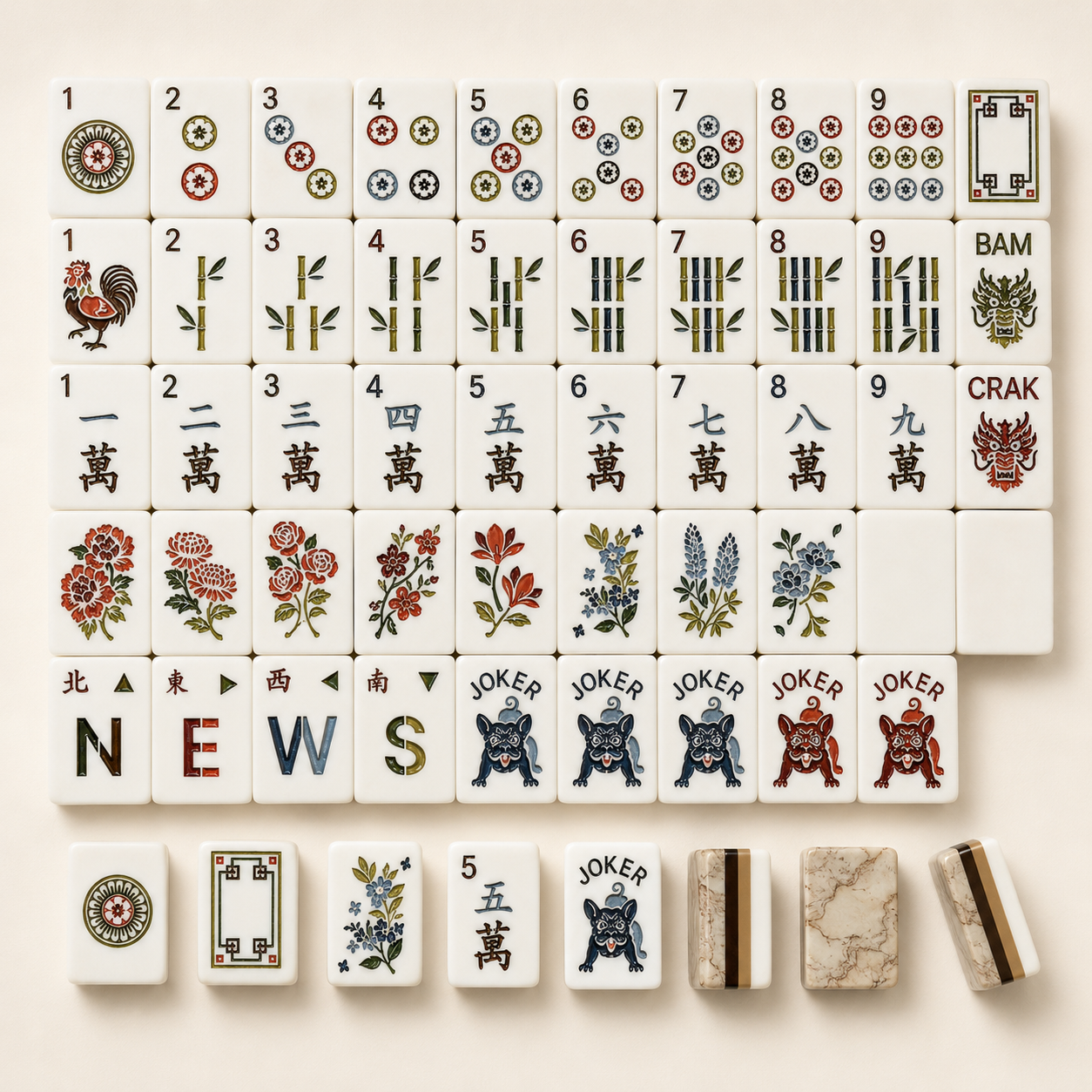 American mahjong tile designs showing dots, bamboo, characters, flowers, winds and jokers