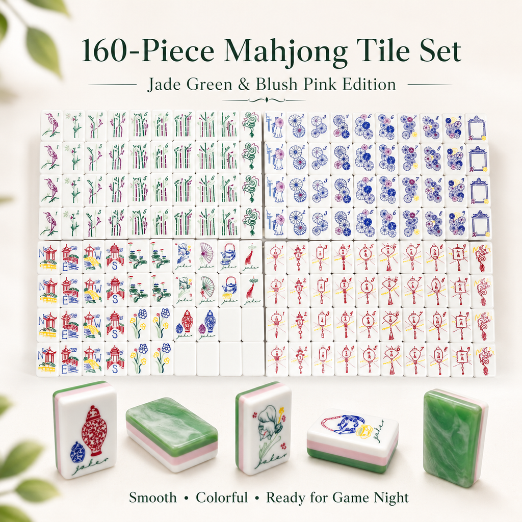 160-piece jade green and blush pink American mahjong tile set