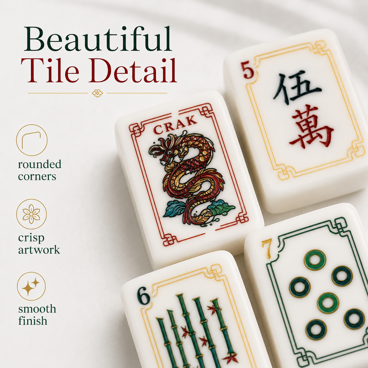 Beautiful mahjong tile details with rounded corners and crisp artwork