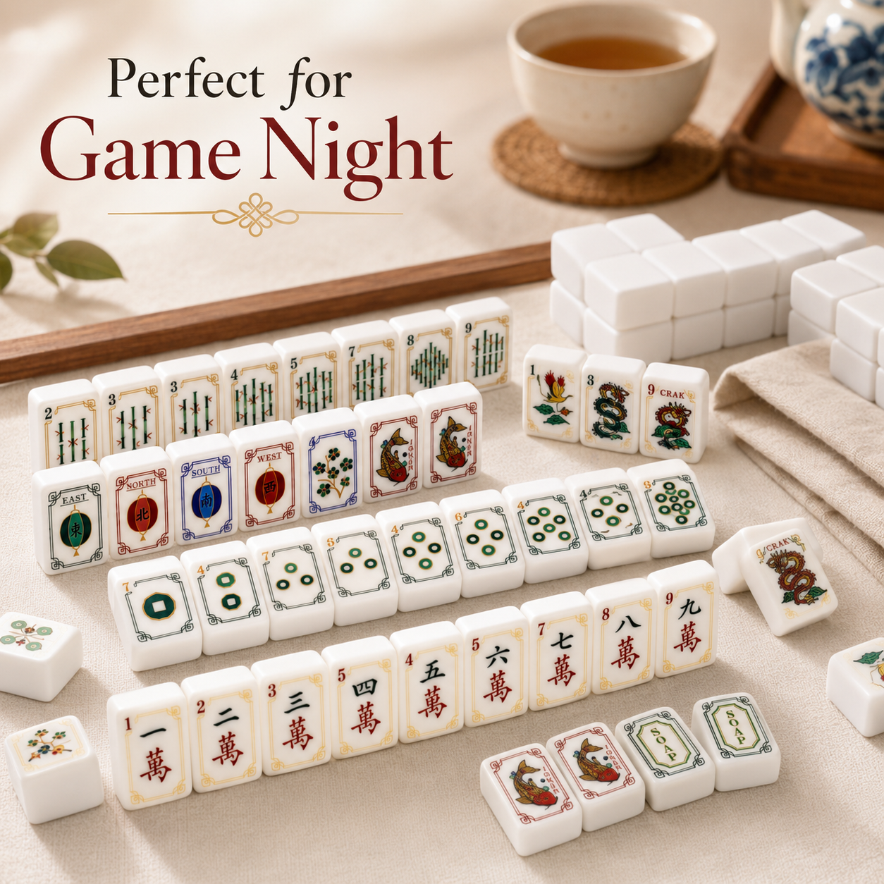 Classic mahjong tile set with koi carp jokers for game night