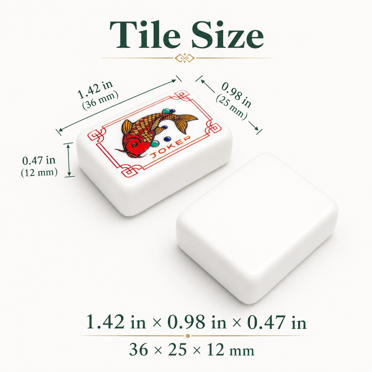 Mahjong tile size measurements 36 by 25 by 12 millimeters
