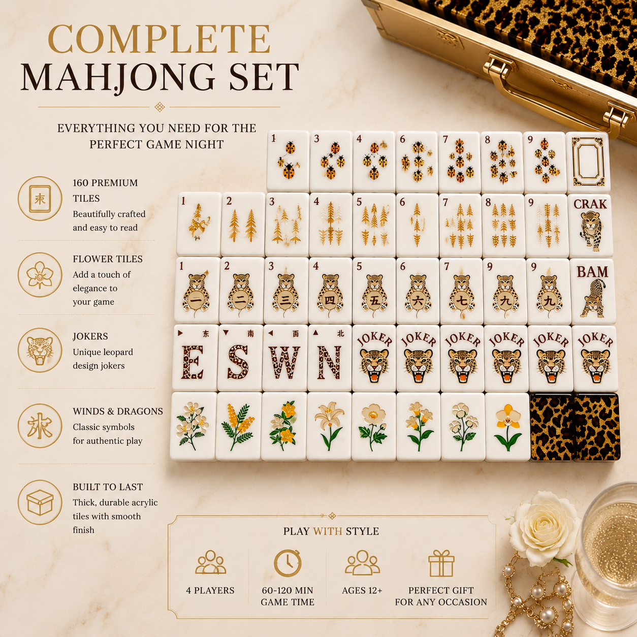 Complete 160-tile luxury leopard American Mahjong configuration