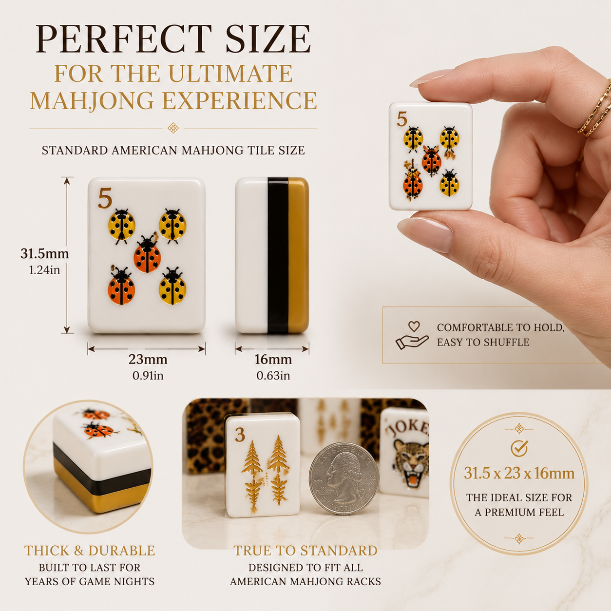 American Mahjong tile dimensions 31.5 by 23 by 16 millimeters
